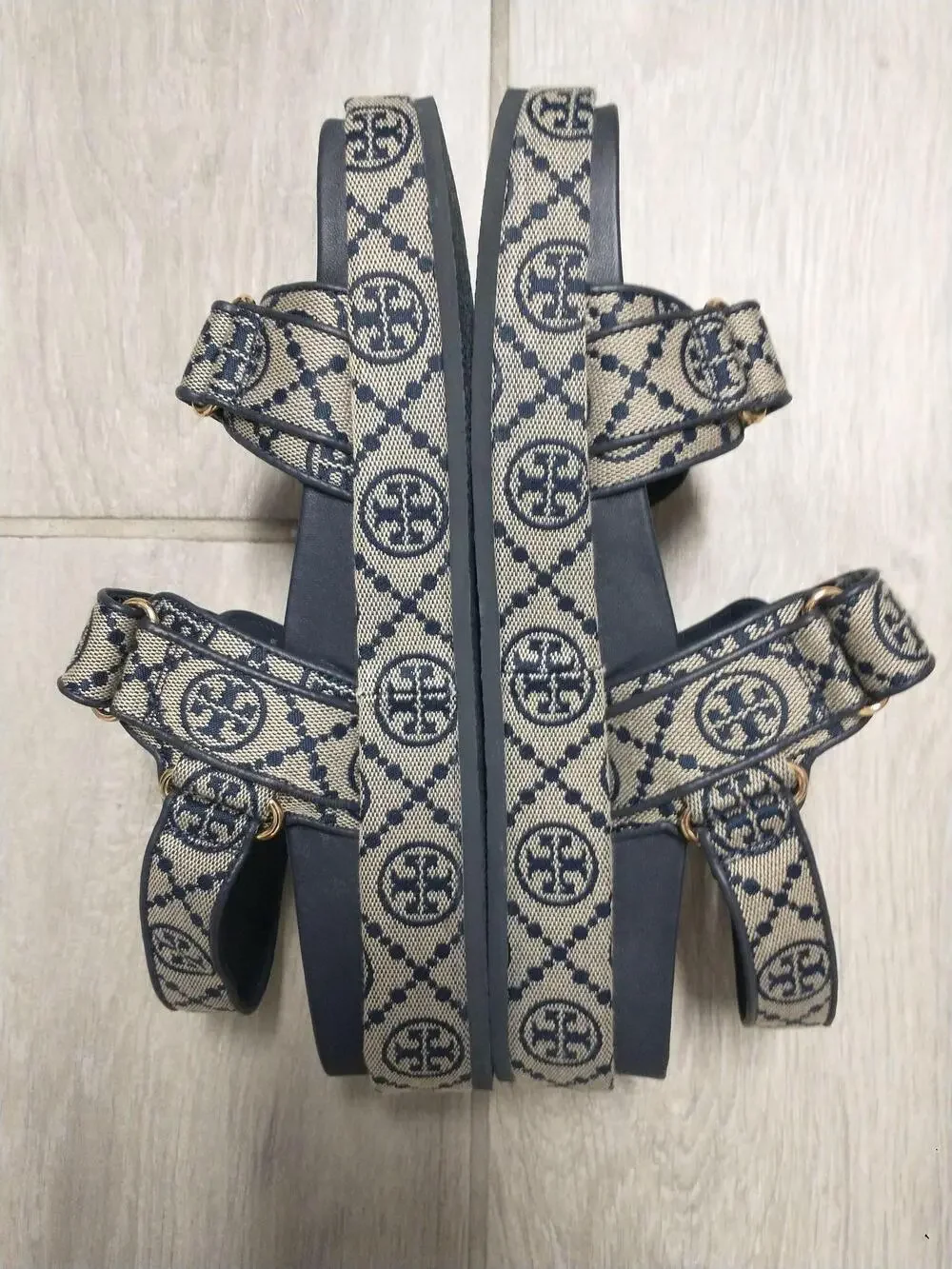 Tory Burch T Monogram Kira Sport Sandals Womens 10 Blue Jacquard Leather